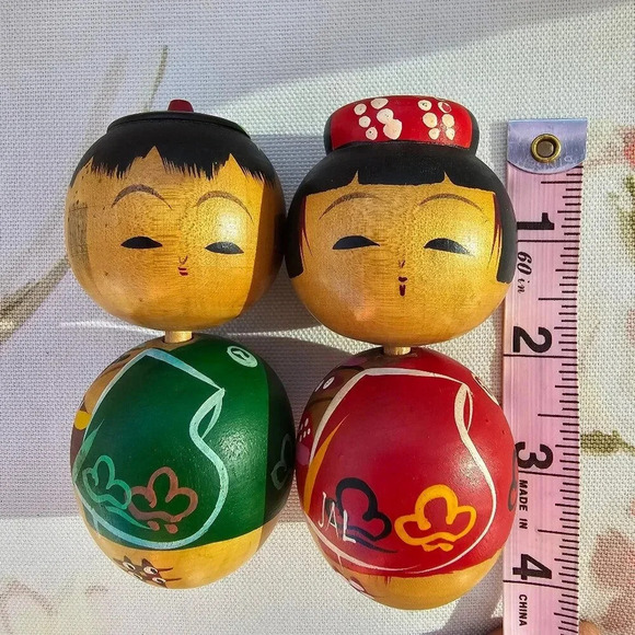 VTG Japanese Bobble Heads KOKESHI Wood Dolls Toys Hand Painted Kimono Craft - Picture 14 of 14